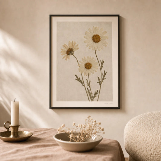 Cottagecore Pressed Daisy Poster — Three pressed daisies on linen cottagecore aesthetic, lifestyle in interior, Atelier Poster