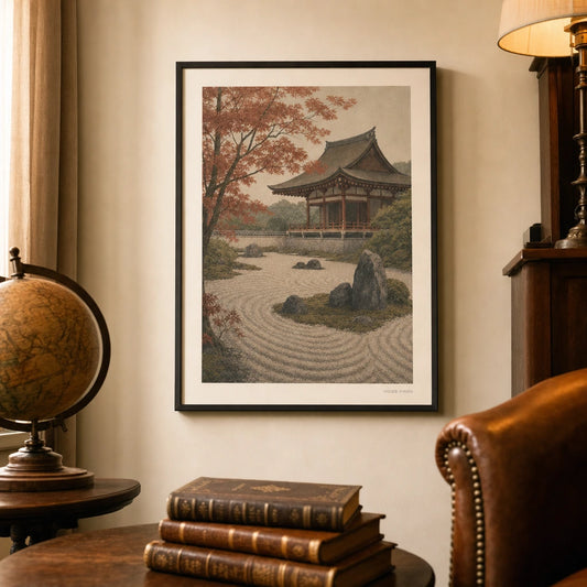 Kyoto Temple Garden Poster — Japanese Kyoto temple with sage maple in soft autumn tones, lifestyle in interior, Atelier Poster