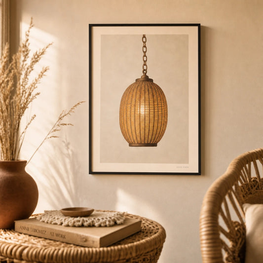 Bohemian Rattan Lantern Poster — Single woven rattan lantern with warm glow illustration, lifestyle in interior, Atelier Poster