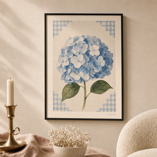Coastal Grandmother Hydrangea Poster — Single hydrangea bloom coastal grandmother aesthetic, lifestyle in interior, Atelier Poster