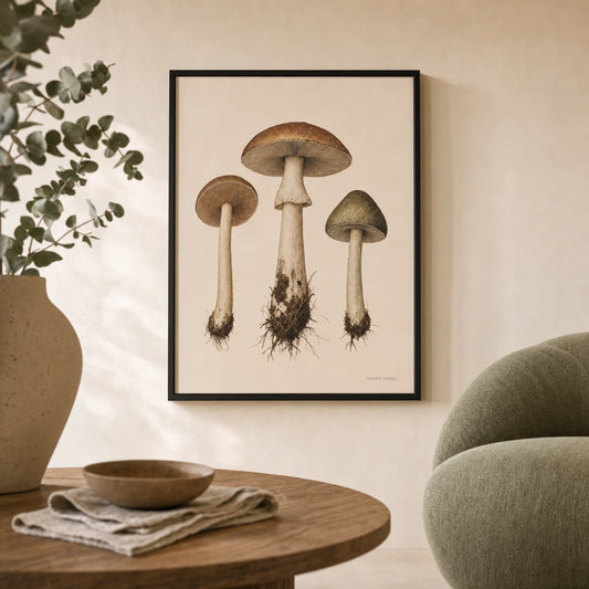 Mushroom Specimens Trio Poster — Three forest mushroom specimens in warm umber and sage, lifestyle in interior, Atelier Poster