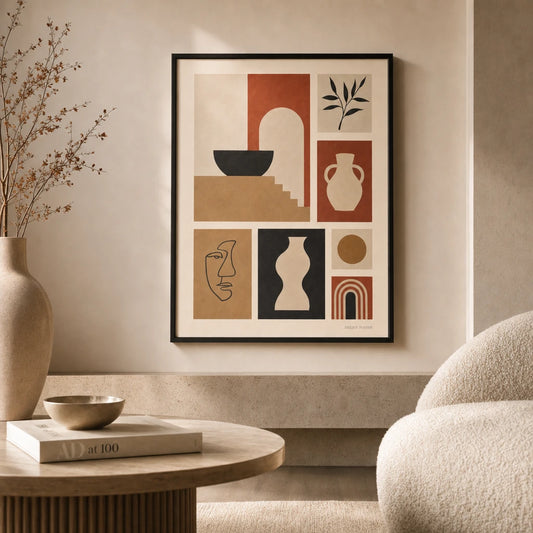 Mixed Media Salon Set Gallery Poster — Seven-print salon-style mixed media gallery warm balanced, lifestyle in interior, Atelier Poster
