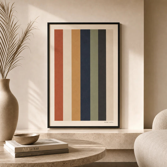 Oversized Bold Stripes Poster — Oversized seven vertical stripes warm alternating modernist, lifestyle in interior, Atelier Poster