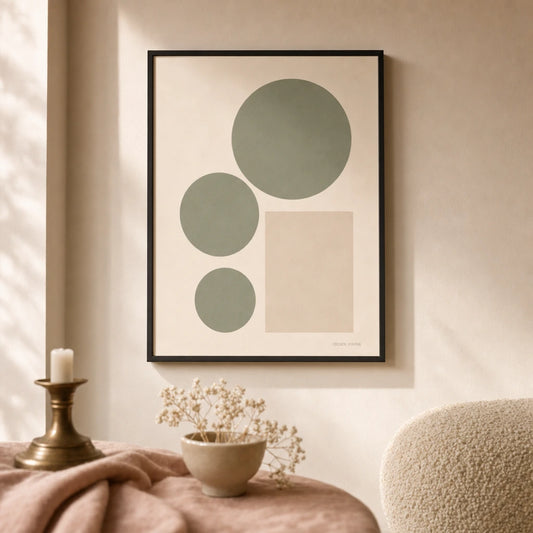 Clean Girl Sage Minimal Poster — Three sage circles cream rectangle clean girl aesthetic, lifestyle in interior, Atelier Poster