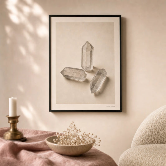 Clean Girl Crystal Quartz Poster — Three clear quartz crystals clean girl wellness aesthetic, lifestyle in interior, Atelier Poster