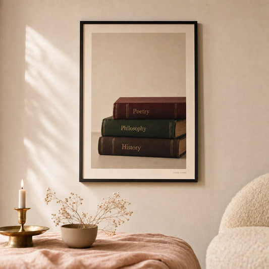 Dark Academia Books Poster — Three leather books burgundy forest green dark academia, lifestyle in interior, Atelier Poster