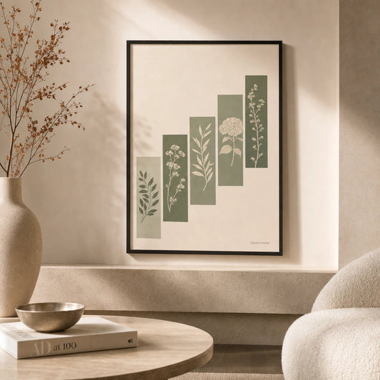 Stairwell Botanical Ascending Gallery Poster — Five botanical stairwell ascending sage diagonal gallery, lifestyle in interior, Atelier Poster