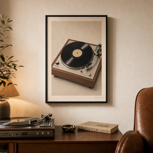 Vintage Turntable 70s Poster — Vintage 1970s turntable warm wood and brushed silver vinyl, lifestyle in interior, Atelier Poster