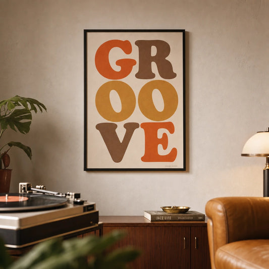 Funky Typography Groove Poster — 1970s funk typography 'GROOVE' Cooper Black orange brown, lifestyle in interior, Atelier Poster