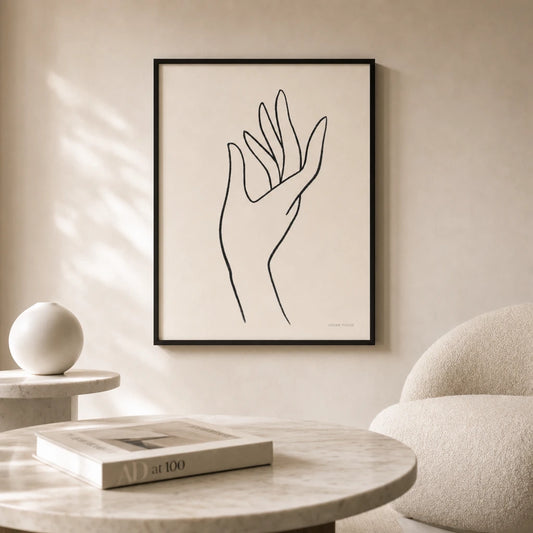 Single Hand Gesture Poster — Minimalist black line hand with extended fingers gesture, lifestyle in interior, Atelier Poster