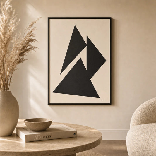 Black Geometric Triangles Poster — Three bold black triangles geometric monochrome abstract, lifestyle in interior, Atelier Poster