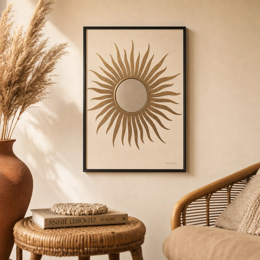 Bohemian Brass Sun Mirror Poster — Traditional brass sun mirror with radiating rays illustration, lifestyle in interior, Atelier Poster