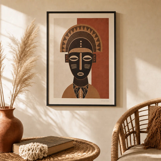 Tribal Mask Wall Poster — Stylized African-inspired tribal mask in warm earth tones, lifestyle in interior, Atelier Poster