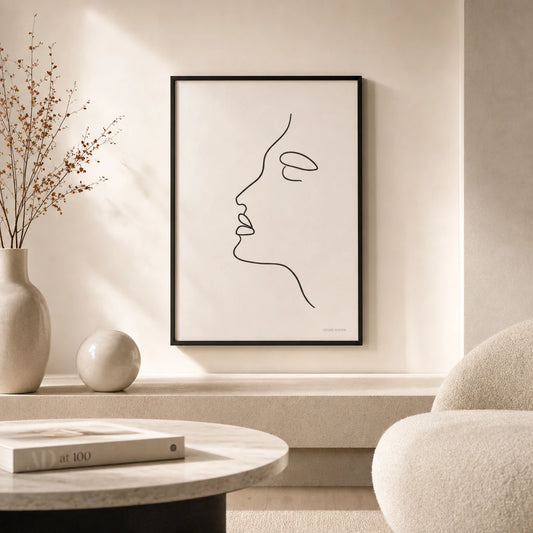 Continuous Face Profile Poster — Single continuous black line drawing of a face in profile, lifestyle in interior, Atelier Poster