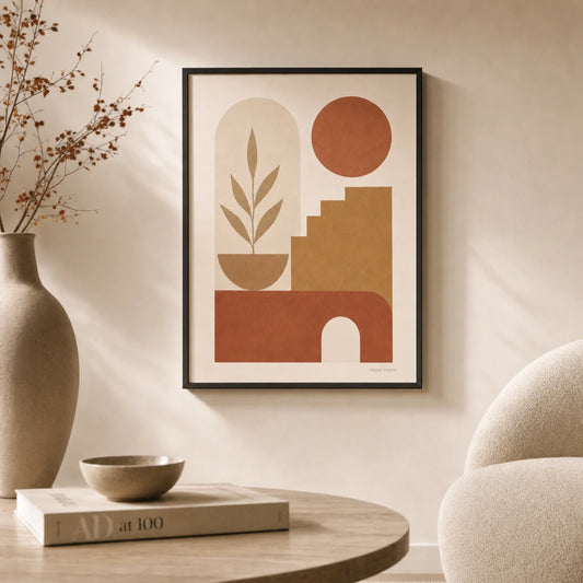 Tonal Earth Mixed Three Gallery Poster — Three-print tonal earth-tone graduated cream ochre terracotta, lifestyle in interior, Atelier Poster