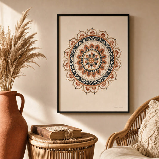 Indian Mandala Detail Poster — Circular Indian mandala in terracotta ochre and indigo, lifestyle in interior, Atelier Poster