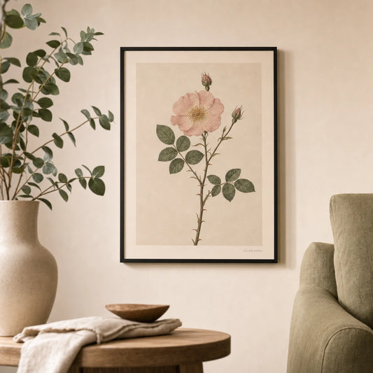 Wild Rose Stem Poster — Single wild rose stem with blush bloom and two buds, lifestyle in interior, Atelier Poster
