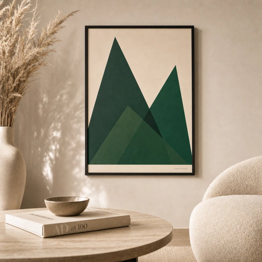 Emerald Triangles Trio Poster — Three emerald green triangles saturated bold geometric, lifestyle in interior, Atelier Poster