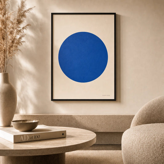 Cobalt Blue Circle Bold Poster — Single large cobalt blue circle bold saturated statement, lifestyle in interior, Atelier Poster