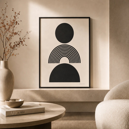 Monochrome Trio Set Gallery Poster — Three coordinated monochrome black-white trio gallery set, lifestyle in interior, Atelier Poster