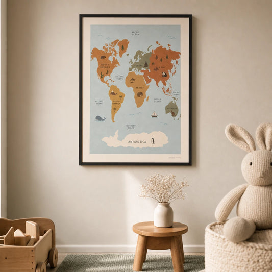 Modern World Map Kids Poster — Warm earth-tone illustrated world map for kids rooms, lifestyle in interior, Atelier Poster
