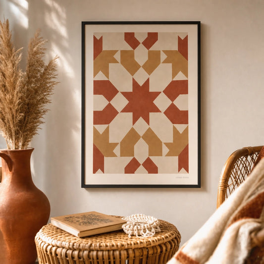 Moroccan Tile Pattern Poster — Geometric Moroccan tile pattern in terracotta and ochre, lifestyle in interior, Atelier Poster