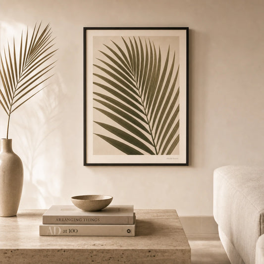 Oversized Palm Frond Poster — Oversized palm frond diagonal muted olive and sage vintage, lifestyle in interior, Atelier Poster
