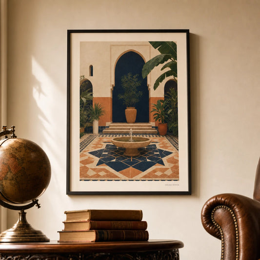 Marrakech Riad Poster — Mid-century Marrakech riad with geometric tile and arches, lifestyle in interior, Atelier Poster