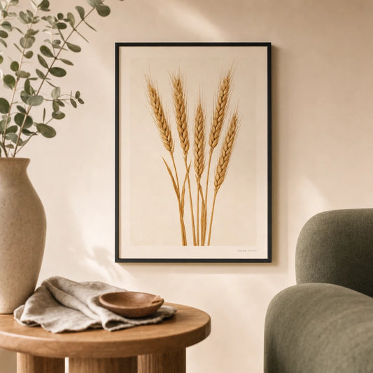 Wheat Stalks Poster — Five tall golden wheat stalks gathered upright on cream, lifestyle in interior, Atelier Poster