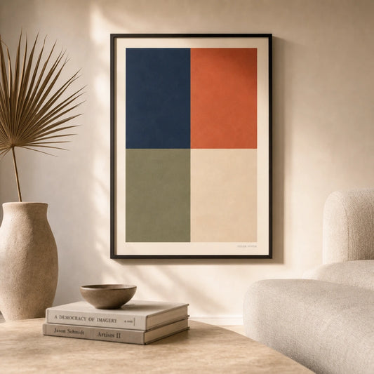 Oversized Color Block Modern Poster — Oversized four color block grid navy terracotta sage cream, lifestyle in interior, Atelier Poster