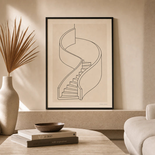 Oversized Spiral Staircase Poster — Oversized spiral staircase continuous black architectural, lifestyle in interior, Atelier Poster