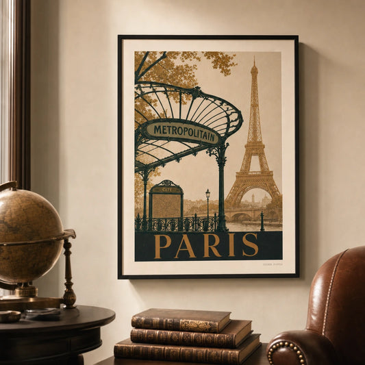 Paris Metro Vintage Poster — Art Deco Paris travel illustration with Eiffel Tower silhouette, lifestyle in interior, Atelier Poster