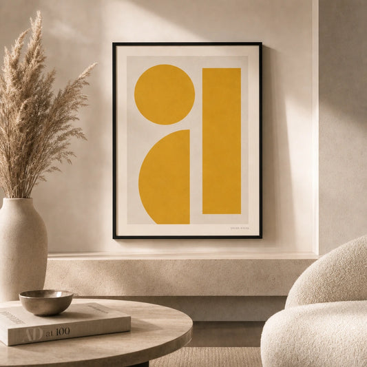 Sunny Yellow Shapes Poster — Three sunny yellow shapes saturated bold modern geometric, lifestyle in interior, Atelier Poster