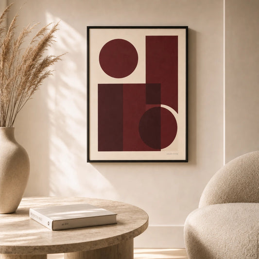 Oxblood Geometric Bold Poster — Oxblood deep red geometric moody saturated bold modern, lifestyle in interior, Atelier Poster