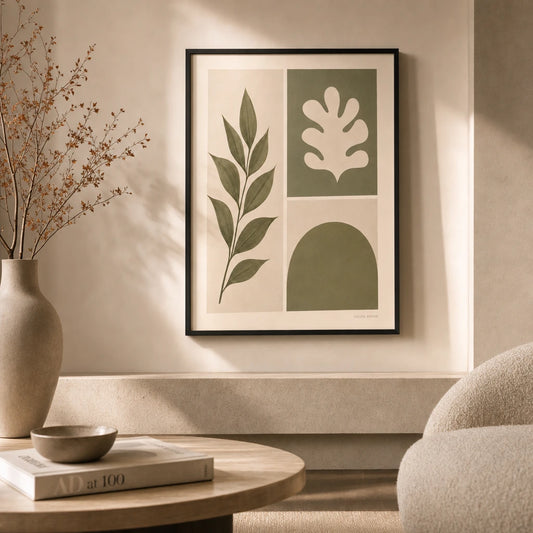 Mixed Botanical Abstract Three Gallery Poster — Three-print botanical abstract mixed sage cream curated, lifestyle in interior, Atelier Poster
