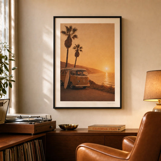 70s California Surf Poster — 1970s California VW van surfboard palms golden sunset, lifestyle in interior, Atelier Poster