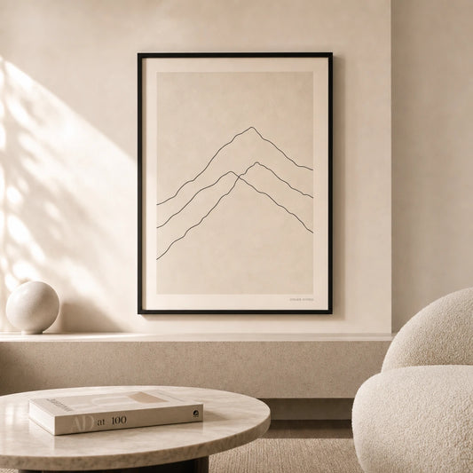 Mountain Range Line Poster — Single-line three layered mountain peaks in thin black, lifestyle in interior, Atelier Poster