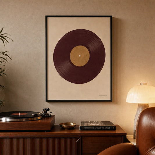 70s Vinyl Record Poster — Vintage 1970s vinyl record album burgundy and warm gold, lifestyle in interior, Atelier Poster