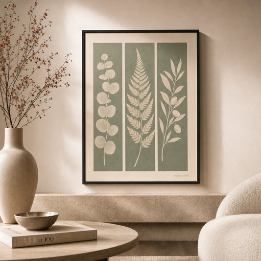 Botanical Trio Set Gallery Poster — Three coordinated botanical sage eucalyptus fern trio set, lifestyle in interior, Atelier Poster