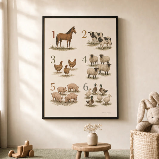 Farm Animals Counting Poster — Six farm animals counting horse cow sheep pastoral tones, lifestyle in interior, Atelier Poster