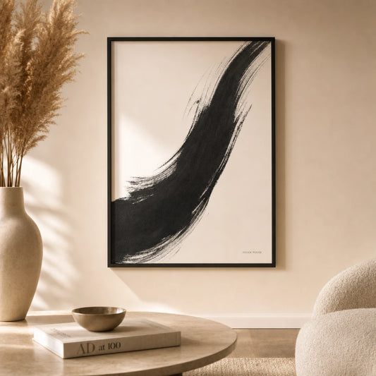Single Bold Charcoal Stroke Poster — Single bold charcoal diagonal stroke on pure white sumi-e, lifestyle in interior, Atelier Poster