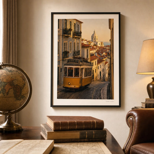 Lisbon Tram Hillside Poster — Vintage Lisbon yellow tram on cobblestone hill at sunset, lifestyle in interior, Atelier Poster