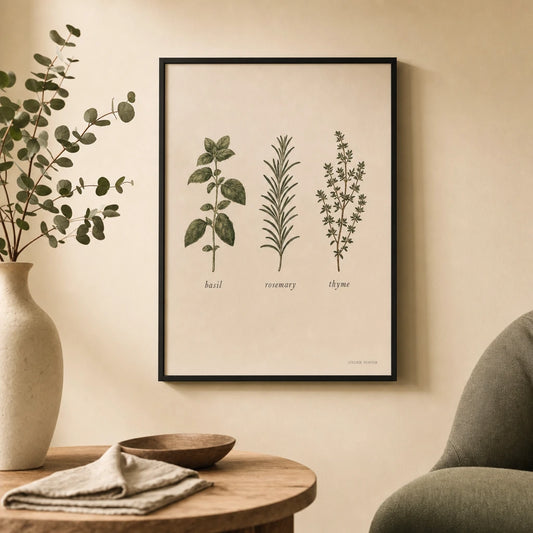 Herb Trio Kitchen Poster — Three hand-drawn herbs labeled in italic serif on cream, lifestyle in interior, Atelier Poster