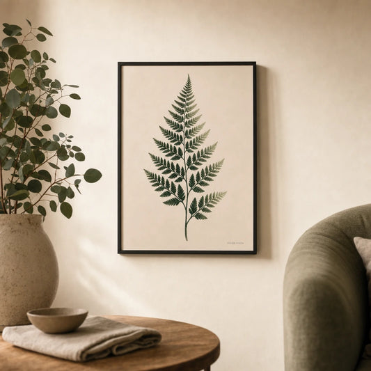 Fern Frond Cream Poster — Hand-illustrated fern frond in forest green and sage, lifestyle in interior, Atelier Poster
