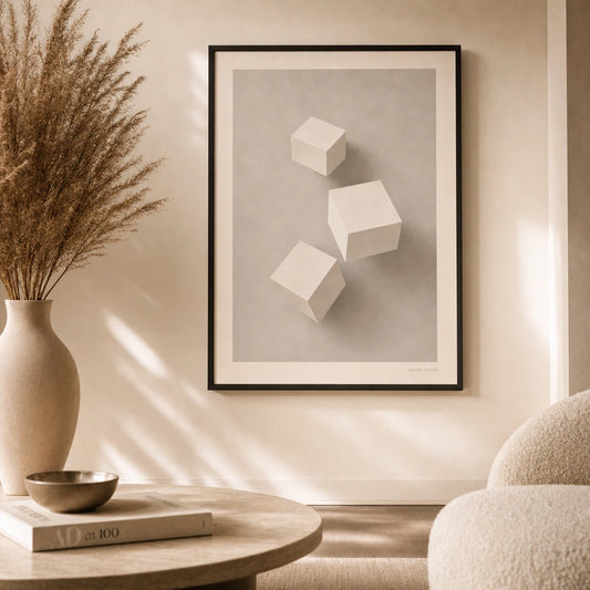 White Cubes Grey Field Poster — Three white cubes floating on warm grey field dimensional, lifestyle in interior, Atelier Poster