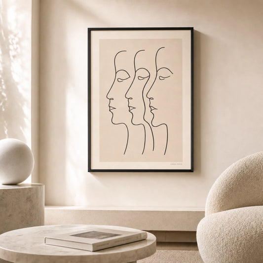 Three Profiles Side Poster — Three stylized face profiles in continuous black line, lifestyle in interior, Atelier Poster