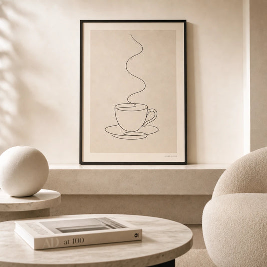 Coffee Cup Steam Poster — Single-line coffee cup with rising steam in black on cream, lifestyle in interior, Atelier Poster