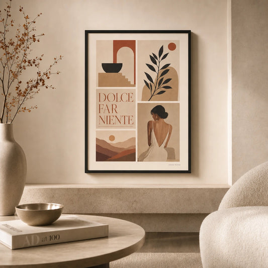 Stairwell Mixed Ascending Gallery Poster — Five mixed-subject stairwell ascending warm gallery set, lifestyle in interior, Atelier Poster