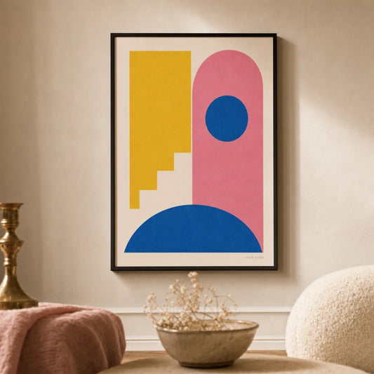 Dopamine Decor Bright Poster — Bright yellow pink cobalt dopamine decor aesthetic, lifestyle in interior, Atelier Poster