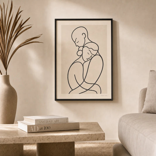Oversized Two Lovers Poster — Oversized two lovers embrace continuous black line romantic, lifestyle in interior, Atelier Poster